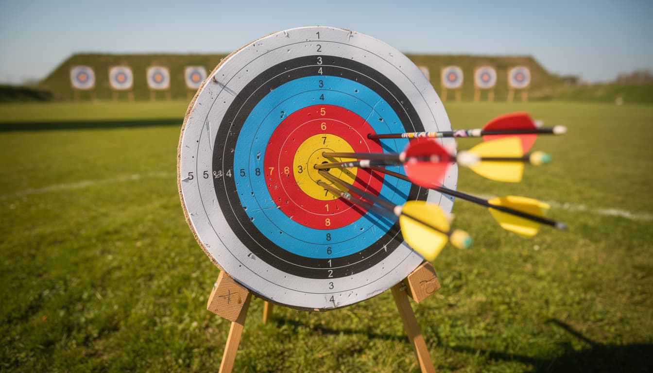 Bogenschießen Zielscheibe mit Pfeilen im Bullseye auf grünem Rasen